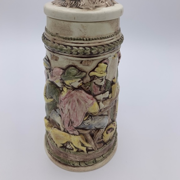 Vintage Ceramic Relief Pub Scene Hunter/Dog with 3D Lid- Beer Stein, Signed Kim - Picture 8 of 12